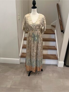 New With Tag Boho Tiered Maxi Dress in Gold,Beige and Pastel Accents